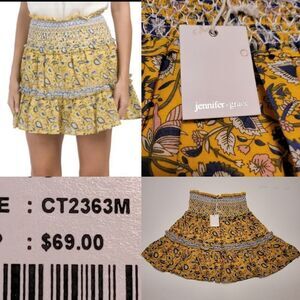 $69 NEW S JENNIFER & GRACE GOLD BLUE SMOCKED FLORAL TWIRL MINI SKIRT SMALL NWT
